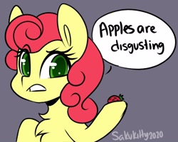 Size: 2048x1640 | Tagged: safe, artist:sakukitty, strawberry sunrise, pegasus, pony, g4, honest apple, season 7, blatant lies, digital art, female, mare, solo, tempting fate, that pony sure does hate apples