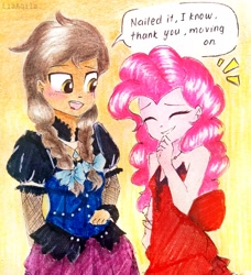 Size: 2322x2542 | Tagged: safe, artist:liaaqila, pinkie pie, oc, oc:copper plume, equestria girls, g4, aerith gainsborough, blushing, bow, canon x oc, clothes, cloud strife, commission, commissioner:imperfectxiii, copperpie, crossdressing, dress, eyes closed, female, final fantasy, final fantasy vii, final fantasy vii remake, hair bow, high res, laughing, male, open mouth, pigtails, red dress, shipping, speech bubble, straight, traditional art