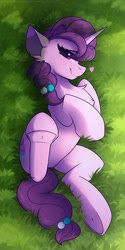 Size: 1000x2000 | Tagged: safe, alternate version, artist:shadowreindeer, sugar belle, pony, unicorn, g4, cute, featureless crotch, female, grass, looking at you, lying down, mare, on back, solo, sugarbetes, sultry pose, underhoof