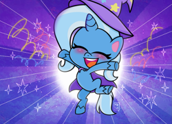 Size: 1489x1080 | Tagged: safe, artist:meqiopeach, edit, edited screencap, screencap, trixie, pony, unicorn, friendship gems, g4, g4.5, my little pony: pony life, blushing, cape, clothes, confetti, cute, diatrixes, explosion, eyes closed, female, happy, hat, hooves in air, jumping, raised hoof, raised leg, solo, sparkles, standing, standing on one leg, stars, tricks up my sleeve, trixie's cape, trixie's hat