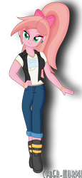 Size: 952x2072 | Tagged: safe, artist:cyber-murph, oc, oc only, oc:ruby sunshine, equestria girls, g4, bedroom eyes, boots, bow, clothes, ear piercing, earring, hand on hip, jacket, jeans, jewelry, pants, piercing, ponytail, shoes, signature, simple background, solo, transparent background, vector