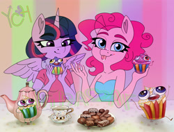Size: 5000x3800 | Tagged: safe, artist:irinamar, cup cake, pinkie pie, twilight sparkle, alicorn, earth pony, pegasus, pony, unicorn, anthro, g4, chocolate, commission, cup, eating, food, messy eating, running, tea, teacup, this will end in death, this will end in tears, this will end in tears and/or death, tongue out, twilight sparkle (alicorn), your character here