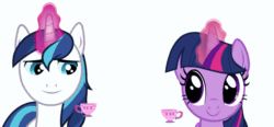 Size: 1080x500 | Tagged: safe, artist:ursamanner, shining armor, twilight sparkle, alicorn, pony, unicorn, g4, animated, blinking, brother and sister, cup, female, food, gif, happy, levitation, loop, magic, male, mare, show accurate, siblings, simple background, smiling, tea, teacup, telekinesis, twilight sparkle (alicorn), twily face, white background
