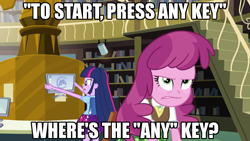 Size: 1024x576 | Tagged: safe, edit, edited screencap, screencap, cheerilee, twilight sparkle, equestria girls, g4, my little pony equestria girls, caption, cheerilee is not amused, computer, frustrated, image macro, irritated, lip bite, simpsons did it, struggle with technology, text