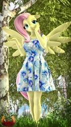 Size: 2160x3840 | Tagged: safe, artist:loveslove, fluttershy, pegasus, anthro, g4, 3d, clothes, dress, floppy ears, high res, solo, source filmmaker, spread wings, wings