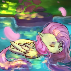Size: 2048x2048 | Tagged: safe, artist:azusadrawz, fluttershy, pegasus, pony, g4, cute, eyes closed, female, high res, mare, petals, river, shyabetes, solo, water