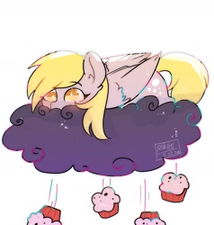 Size: 1750x1838 | Tagged: safe, artist:riukime, derpy hooves, pegasus, pony, g4, blushing, cloud, cute, cutie mark, derpabetes, female, food, lying on a cloud, mare, muffin, on a cloud, prone, rain, signature, simple background, solo, white background, wings