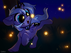 Size: 2000x1500 | Tagged: safe, artist:vensual99, princess luna, alicorn, firefly (insect), insect, pony, g4, cute, ear fluff, female, filly, happy, leg fluff, lunabetes, night, open mouth, solo, stars, woona, younger