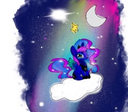 Size: 1080x940 | Tagged: safe, artist:bellas.den, princess luna, alicorn, pony, g4, cloud, crescent moon, ethereal mane, female, galaxy mane, hoof shoes, mare, moon, night, on a cloud, peytral, stars, transparent moon