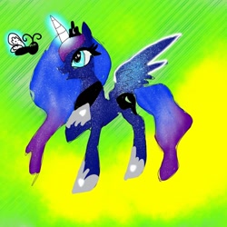 Size: 1080x1080 | Tagged: safe, artist:bellas.den, princess luna, alicorn, butterfly, pony, g4, abstract background, ethereal mane, female, galaxy mane, glowing horn, heart eyes, hoof on chest, hoof shoes, horn, jewelry, magic, mare, peytral, raised hoof, sparkly eyes, starry wings, telekinesis, tiara, wingding eyes, wings