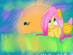 Size: 1080x810 | Tagged: safe, artist:bellas.den, fluttershy, butterfly, pegasus, pony, g4, blushing, female, looking up, mare, prone, sun