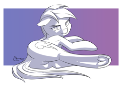 Size: 3496x2480 | Tagged: safe, alternate version, artist:madgehog, rainbow dash, pegasus, pony, g4, bed, black and white, blushing, butt, female, frog (hoof), grayscale, high res, ink, lineart, looking at you, looking back, lying on bed, mare, monochrome, on back, on bed, plot, solo, tail, underhoof