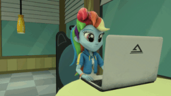 Size: 640x360 | Tagged: safe, artist:fazbearsparkle, rainbow dash, equestria girls, equestria girls series, g4, 3d, animated, clothes, computer, female, gif, jenny wakeman, laptop computer, my life as a teenage robot, shocked, skirt, source filmmaker, watch