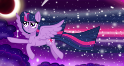 Size: 1500x800 | Tagged: safe, artist:php185, twilight sparkle, alicorn, pony, g4, cloud, eclipse, female, glowing, glowing mane, lunar eclipse, moon, night, solo, sonic boom, sonic rainboom, sparkles, stars, twilight sparkle (alicorn)