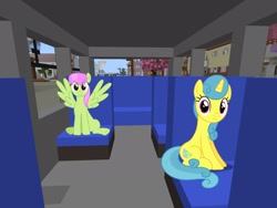 Size: 2048x1536 | Tagged: safe, artist:bluemeganium, artist:topsangtheman, lemon hearts, merry may, pegasus, pony, unicorn, g4, bus, looking at you, minecraft, photoshopped into minecraft, sitting