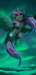 Size: 2117x4387 | Tagged: safe, artist:pridark, oc, oc only, alicorn, pony, alicorn oc, aurora borealis, commission, cutie mark, flying, high res, horn, open mouth, pun, solo, visual pun, wings