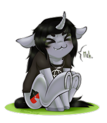 Size: 1695x1945 | Tagged: safe, artist:silverlove_drawings, pony, unicorn, :3, clothes, commission, curved horn, disguise, disguised siren, fangs, floppy ears, horn, horseshoes, jewelry, kellin quinn, male, meh, necklace, ponified, shirt, simple background, sitting, sleeping with sirens, solo, speech bubble, stallion, t-shirt, transparent background, underhoof, x3, ych result