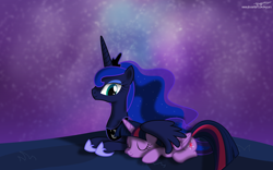 Size: 4800x3000 | Tagged: safe, artist:magnusmagnum, princess luna, twilight sparkle, alicorn, pony, g4, cute, ethereal mane, eyes closed, eyeshadow, friendshipping, galaxy, hug, jewelry, lunabetes, makeup, maternaluna, maternaluna fuel, night, prone, regalia, shade, show accurate, smiling, snuggling, stars, sweet dreams fuel, this will end in hugs, twiabetes, twilight sparkle (alicorn), winghug, wings