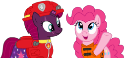 Size: 2304x1080 | Tagged: safe, alternate version, artist:徐詩珮, fizzlepop berrytwist, pinkie pie, tempest shadow, earth pony, pony, unicorn, series:sprglitemplight diary, series:sprglitemplight life jacket days, series:springshadowdrops diary, series:springshadowdrops life jacket days, g4, alternate universe, background removed, base used, broken horn, clothes, cute, cutie mark, cutie mark on clothes, diapinkes, dress, duo, eye scar, eyelashes, female, helmet, horn, lesbian, lifejacket, looking up, mare, marshall (paw patrol), open mouth, paw patrol, paw prints, raised hoof, scar, shipping, simple background, smiling, tempestpie, transparent background, underhoof