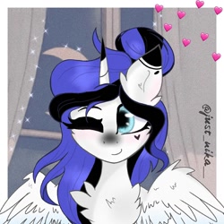 Size: 1080x1080 | Tagged: dead source, safe, artist:just_nika__, oc, oc only, alicorn, pony, alicorn oc, bust, chest fluff, ear fluff, heart, horn, one eye closed, smiling, solo, spread wings, wings, wink
