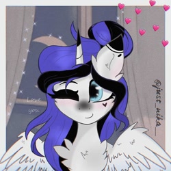 Size: 1080x1080 | Tagged: dead source, safe, alternate version, artist:just_nika__, oc, oc only, alicorn, pony, alicorn oc, bust, chest fluff, ear fluff, heart, horn, one eye closed, smiling, solo, spread wings, wings, wink