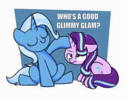 Size: 560x448 | Tagged: safe, artist:sugar morning, edit, starlight glimmer, trixie, pony, unicorn, g4, abstract background, animated, cute, duo, eyes closed, female, frame by frame, gif, glimglam, glimmy, head pat, mare, pat, starlight glimmer is not amused, text, unamused