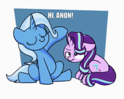 Size: 560x448 | Tagged: safe, artist:sugar morning, edit, starlight glimmer, trixie, pony, unicorn, g4, abstract background, animated, cute, duo, eyes closed, female, frame by frame, gif, hi anon, implied anon, meme, starlight glimmer is not amused, text, unamused, waving