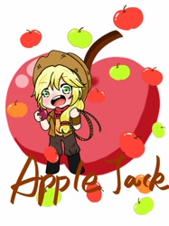 Size: 1011x1350 | Tagged: safe, artist:sunset_tsuruwa, applejack, human, g4, apple, blushing, food, humanized, smiling, that pony sure does love apples
