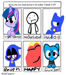 Size: 1026x1172 | Tagged: safe, twilight sparkle, cat, dog, human, pony, unicorn, anthro, g4, anthro with ponies, arm behind head, bust, collar, crossover, female, gumball watterson, mare, mcdonald's, mcdonald's happy meal toys, raven (dc comics), six fanarts, smiling, teen titans, the amazing world of gumball, toy, uglydoll, unicorn twilight