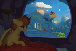 Size: 1350x900 | Tagged: safe, artist:redruin01, spitfire, pegasus, pony, g4, bed, bedroom, blanket, cloud, cloudsdale, commission, female, mare, moon, morning ponies, painting, rainbow, sky, smiling, solo focus, sunrise, window