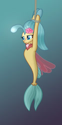 Size: 600x1200 | Tagged: safe, anonymous artist, princess skystar, seapony (g4), g4, my little pony: the movie, blue eyes, bondage, bound wrists, crepuscular rays, cute, dorsal fin, eyelashes, female, fin, fin wings, fins, flower, flower in hair, flowing mane, flowing tail, gradient background, ocean, rope, rope bondage, sad, scared, solo, sunlight, suspended, suspension bondage, swimming, tail, tied up, trace, underwater, water, wings