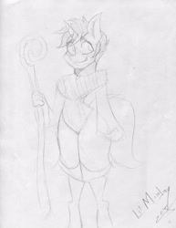 Size: 2521x3271 | Tagged: safe, artist:lil miss jay, oc, oc only, oc:mcfinnigan the mage, unicorn, anthro, unguligrade anthro, emw:mmmm, high res, pencil drawing, staff, traditional art