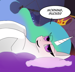 Size: 1125x1079 | Tagged: safe, artist:dawnbrightglint, princess celestia, alicorn, pony, g4, banner, bed, bedroom eyes, eye clipping through hair, female, looking at you, lying, lying on bed, mare, on bed, pillow, solo, talking to viewer