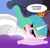 Size: 1125x1079 | Tagged: safe, artist:dawnbrightglint, princess celestia, alicorn, pony, g4, banner, bed, bedroom eyes, eye clipping through hair, female, looking at you, lying, lying on bed, mare, on bed, pillow, solo, talking to viewer