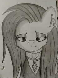 Size: 1836x2450 | Tagged: safe, artist:dandereshy, fluttershy, pegasus, pony, g4, bust, cheek fluff, clothes, ear fluff, ear piercing, earring, female, fluttergoth, frown, jewelry, makeup, monochrome, pencil drawing, pendant, piercing, solo, traditional art, unamused