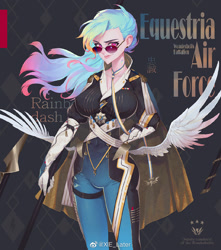 Size: 1080x1222 | Tagged: safe, artist:xxiee, rainbow dash, human, g4, alternative cutie mark placement, clothes, female, humanized, medal, solo, sunglasses, uniform, winged humanization, wings, wonderbolts uniform