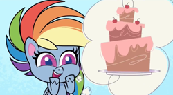 Size: 1280x708 | Tagged: safe, screencap, rainbow dash, pegasus, pony, g4.5, my little pony: pony life, the fast and the furriest, cake, female, food, happy, solo