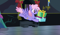 Size: 1280x738 | Tagged: safe, screencap, rainbowshine, pegasus, pony, a hearth's warming tail, g4, female, flying, mare, present