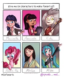 Size: 818x977 | Tagged: safe, artist:sparkle_mel_, pinkie pie, bird, earth pony, human, humanoid, owl, pony, g4, bust, clipboard, clothes, crossover, dark skin, ear piercing, earring, edalyn clawthorne, fangs, female, gem, hairband, hatsune miku, jewelry, looking down, mare, marinette dupain-cheng, microphone, milo murphy's law, miraculous ladybug, mulan, open mouth, open smile, owlbert, palisman, piercing, singing, six fanarts, smiling, staff, the owl house, vocaloid, witch