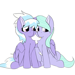 Size: 2362x2362 | Tagged: safe, artist:jubyskylines, cloudchaser, flitter, pegasus, pony, g4, chest fluff, female, high res, hug, missing accessory, siblings, simple background, sisters, tongue out, transparent background, winghug