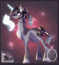 Size: 1024x1137 | Tagged: safe, artist:manella-art, oc, oc only, pony, unicorn, concave belly, female, magic, magical lesbian spawn, mare, offspring, parent:coloratura, parent:twilight sparkle, scroll, slender, solo, thin
