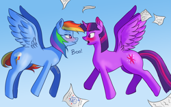 Size: 3281x2056 | Tagged: safe, artist:nire, rainbow dash, twilight sparkle, alicorn, pegasus, pony, g4, bedroom eyes, blushing, duo, eye contact, female, flying, gasp, high res, lesbian, looking at each other, mare, scared, ship:twidash, shipping, smiling, spread legs, spread wings, spreading, twilight sparkle (alicorn), wings