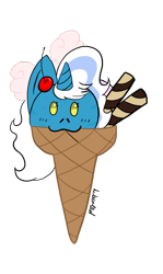 Size: 1280x2149 | Tagged: safe, artist:lib-fluffymoss, oc, oc:fleurbelle, alicorn, pony, adorabelle, alicorn oc, blushing, bow, cherry, cute, female, food, hair bow, horn, ice cream, ice cream cone, mare, simple background, transparent background, wings, yellow eyes
