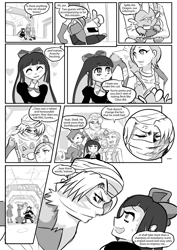 Size: 800x1132 | Tagged: safe, artist:triple-q, spike, angel, dragon, human, g4, anarchy stocking, clothes, comic, female, kirby (series), male, meta knight, monochrome, panty and stocking with garterbelt, sheik, the legend of zelda