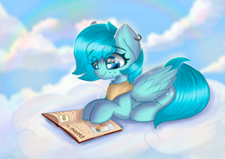 Size: 4092x2893 | Tagged: safe, artist:janelearts, oc, oc only, pegasus, pony, book, cloud, commission, eye clipping through hair, female, mare, prone, reading, solo