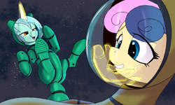 Size: 5000x3000 | Tagged: safe, artist:xbi, bon bon, lyra heartstrings, sweetie drops, earth pony, pony, unicorn, g4, astronaut, butt, eye clipping through hair, hand, high res, laughing, magic, magic hands, plot, space, spacesuit, tabun art-battle finished after, touch, touching face