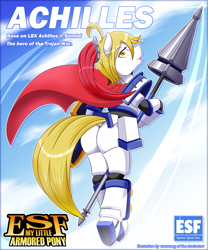 Size: 1245x1500 | Tagged: safe, artist:vavacung, pony, achilles, armor, female, lance, lbx (little battlers experience), ponified, shield, weapon