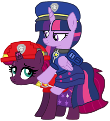 Size: 968x1062 | Tagged: safe, alternate version, artist:徐詩珮, fizzlepop berrytwist, tempest shadow, twilight sparkle, alicorn, pony, unicorn, series:sprglitemplight diary, series:sprglitemplight life jacket days, series:springshadowdrops diary, series:springshadowdrops life jacket days, g4, alternate universe, background removed, backpack, base used, broken horn, chase (paw patrol), clothes, cute, cutie mark, cutie mark on clothes, dress, eye scar, eyelashes, female, hat, helmet, horn, mare, marshall (paw patrol), paw patrol, paw prints, ponies riding ponies, riding, scar, ship:tempestlight, shipping, simple background, tempest shadow is not amused, transparent background, twilight riding tempest shadow, twilight sparkle (alicorn), unamused, vector