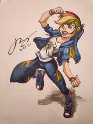 Size: 1280x1707 | Tagged: safe, artist:musical ray, rainbow dash, human, pegasus, equestria girls, equestria girls series, g4, active stretch, clothes, fight, fighter, humanized, leggings, marker, marker drawing, rainbow, solo, sports, traditional art