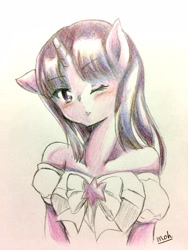 Size: 1536x2048 | Tagged: safe, artist:moh_mlp2, twilight sparkle, anthro, g4, clothes, colored pencil drawing, dress, female, solo, traditional art